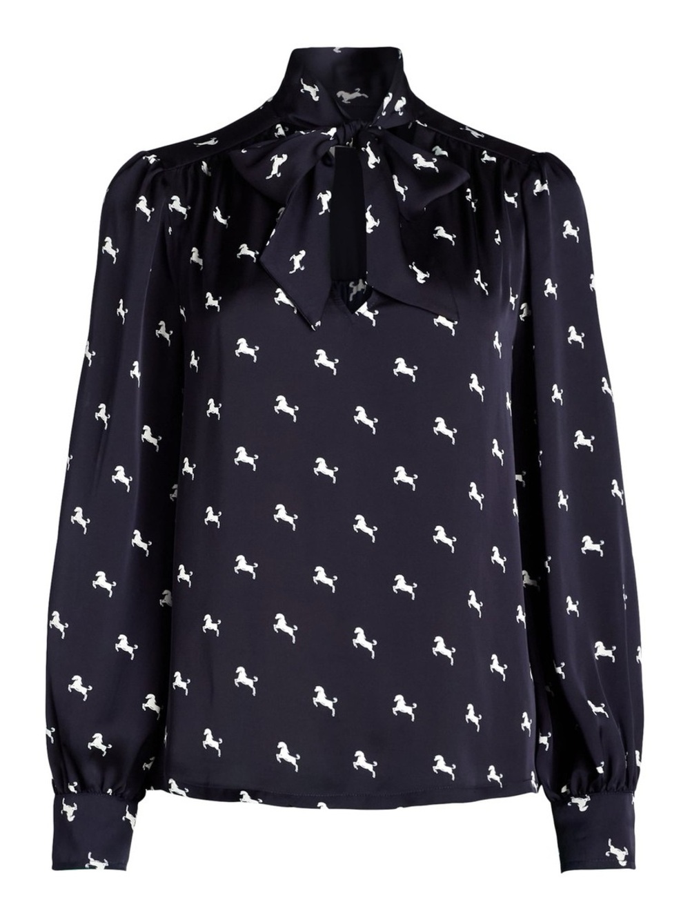 Tie-Neck Navy Blouse with White Dog Print